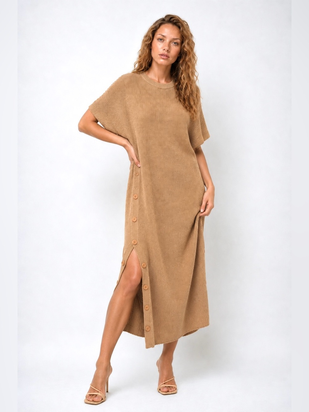 KISA Camel Knit Sweater Dress Maxi Wool Slit L - Picture 10 of 10